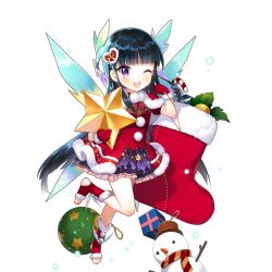 1girl anna_(uchi_no_hime-sama_ga_ichiban_kawaii) bare_legs black_hair blunt_bangs box dress gift gift_box long_hair one_eye_closed open_mouth purple_eyes red_socks salt_(salty) santa_costume santa_dress snowman socks uchi_no_hime-sama_ga_ichiban_kawaii very_long_hair wings
