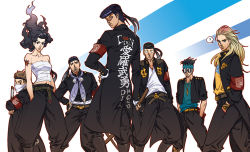 Rule 34 | 1girl, 5boys, alternate costume, armband, banchou, bandana, black eyes, blonde hair, bokken, bousouzoku, coat, delinquent, diamond is not crash, dollar sign, fungami yuya, gakuran, hachimaki, hands in pockets, hazekura mikitaka, headband, heart, higashikata josuke, highres, hirose koichi, jojo no kimyou na bouken, kishibe rohan, long hair, looking at viewer, looking back, mask, mouth mask, multiple boys, nijimura okuyasu, pompadour, sarashi, school uniform, seyo, short hair, simple background, sunglasses, surgical mask, sword, tokkoufuku, weapon, wooden sword, yamagishi yukako