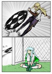 1boy 1girl absurdres ball blonde_hair colored_inner_hair emphasis_lines fate/dream_striker fate/grand_order fate_(series) goal goalkeeper green_eyes green_hair green_shoes highres kicking kukulkan_(fate) layered_sleeves long_sleeves multicolored_hair nubebenbe shoes short_over_long_sleeves short_sleeves shorts sidelocks sitting soccer soccer_ball soccer_uniform socks sportswear tezcatlipoca_(fate) tinted_eyewear white_hair