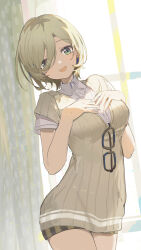 1girl absurdres breasts coria curtains eyes_visible_through_hair girls_band_cry glasses green_eyes hair_over_one_eye hand_on_own_chest highres indoors looking_at_viewer medium_breasts open_mouth rupa_(girls_band_cry) short_hair short_sleeves smile solo standing tan unworn_eyewear