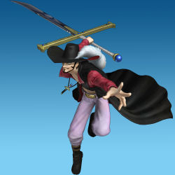 1boy 3d abs absurdres attack belt blue_background boots dracule_mihawk facial_hair full_body gradient_background hat hat_feather highres holding holding_sword holding_weapon jumping male_focus muscular mustache official_art one_piece one_piece:_pirate_warriors open_clothes open_shirt serious shaded_face shirt simple_background solo standing sword weapon yoru_(one_piece)