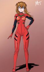 1girl alternate_hairstyle artist_request blue_eyes bodysuit breasts brown_hair cowboy_shot full_body gloves hair_between_eyes hand_on_own_hip highres interface_headset_(evangelion) long_hair looking_at_viewer mecha_pilot_suit neon_genesis_evangelion plugsuit_(evangelion) red_bodysuit shiny_clothes simple_background smile solo souryuu_asuka_langley twintails