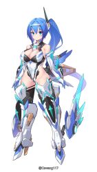 1girl armor armored_boots arms_at_sides bare_shoulders blue_eyes blue_hair blush boots breasts cawang cleavage closed_mouth commission covered_navel elbow_gloves full_body gloves hairband highleg highleg_leotard highres large_breasts leotard long_hair looking_at_viewer mecha_musume original pixiv_commission ponytail science_fiction side_ponytail simple_background smile solo thighhighs twitter_username very_long_hair watermark white_background white_gloves