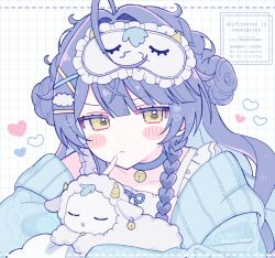 Rule 34 | ahoge, amamiya kokoro, amamiya kokoro (6th costume), blue hair, blush, bow, grid background, hair between eyes, hair ornament, heart, highres, limited palette, long hair, looking at viewer, neko (amamiya kokoro), nijisanji, pout, sennbei katta, sleep mask, virtual youtuber, x hair ornament, yellow eyes