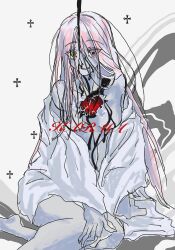 Rule 34 | 1girl, aaaaaaaaakan, alien stage, black blood, blood, blood on chest, blood on face, breasts, commentary, cross, english text, hashtag-only commentary, heart, highres, long hair, mizi (alien stage), no nipples, parted lips, partially colored, pink hair, plant, sitting, solo, song name, very long hair, vines, yellow eyes