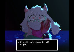 1boy 1girl animal_ears blood blood_on_face blood_on_hands bracelet commentary deltarune english_commentary english_text furry furry_male glasses goat_boy goat_ears goat_horns green-framed_eyewear hand_on_another&#039;s_face highres horns jewelry mystilux pillarboxed pink_scarf pov pov_hands ralsei round_eyewear scarf signature solo_focus spiked_bracelet spikes spoilers susie_(deltarune) tears white_fur