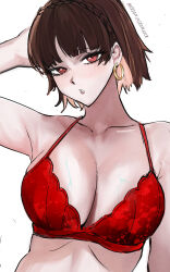 Rule 34 | 1girl, absurdres, blunt bangs, blush, bra, braid, breasts, brown hair, cleavage, crown braid, earrings, highres, hoop earrings, jewelry, looking at viewer, medium breasts, nero watch, niijima makoto, persona, persona 5, red bra, red eyes, short hair, simple background, solo, underwear