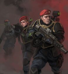 1boy 1girl absurdres ambiguous_gender ammunition_pouch armor astra_militarum backpack bag beret blonde_hair brown_hair bulletproof_vest frown gloves gun hat helmet highres laser_sight lasgun pauldrons pouch shoulder_armor skull smoke soldat_(dndosld73832) thigh_pouch trigger_discipline warhammer_40k weapon wrist_computer