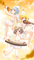 3girls absurdres alternate_color alternate_costume barefoot blonde_hair brown_hair cloud crescent crescent_hat_ornament dress dusk falling_feathers feathers feet grey_hair hat hat_ornament highres instrument keyboard_(instrument) kourou_(kouroukun) lunasa_prismriver lyrica_prismriver merlin_prismriver multiple_girls music orange_sky playing_instrument shooting_star_hat_ornament siblings sisters sky sleeveless sleeveless_dress soles star_(symbol) star_hat_ornament sun_hat_ornament touhou trumpet violin white_dress white_hat white_wings wings