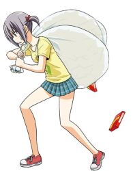 1girl blush breasts collarbone green_eyes hata_kenjirou hayate_no_gotoku! legs nishizawa_ayumu purple_hair shirt shoes short_hair short_twintails skirt solo t-shirt trash_bag twintails