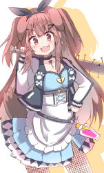 1girl :d absurdres apron baseball_bat black_choker black_hairband black_jacket blue_dress blush breasts brown_eyes brown_hair choker cleavage collarbone commentary_request dress drop_shadow fang fishnet_pantyhose fishnets frilled_apron frills hair_ornament hairband hairclip hand_on_own_hip head_tilt highres holding holding_baseball_bat hololive inugami_korone inugami_korone_(wonderland) jacket key letterman_jacket long_hair long_sleeves medium_breasts nail nail_(hardware) nail_bat official_alternate_costume open_clothes open_jacket open_mouth pantyhose puffy_long_sleeves puffy_sleeves simple_background smile solo standing two_side_up umberblack v-shaped_eyebrows very_long_hair virtual_youtuber white_apron white_background