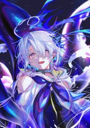 Rule 34 | 1boy, 414 (hncx3355), absurdres, arknights, blue hair, blue neckerchief, highres, infection monitor (arknights), looking at viewer, male focus, mizuki (arknights), neckerchief, open mouth, pink eyes, smile, solo, upper body