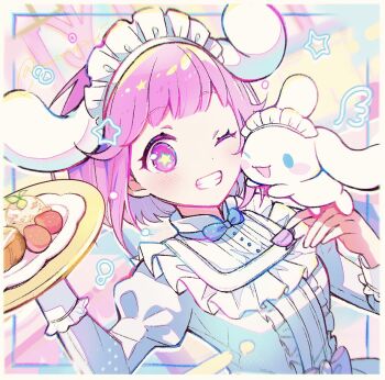 Rule 34 | 1girl, blue bow, blue bowtie, bob cut, bow, bowtie, breasts, cinnamoroll, commentary, crossover, dot nose, drawn star, hands up, holding, holding tray, long sleeves, looking at viewer, maid headdress, momomo (m0 3), official alternate costume, one eye closed, ootori emu, pink eyes, pink hair, project sekai, sanrio, short hair, smile, star (symbol), star in eye, symbol in eye, teeth, tray, upper body