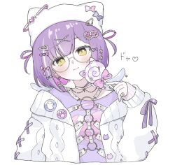1girl animal_hat blush candy cardigan cat_hat chest_harness closed_mouth commentary cropped_torso food glasses hair_ornament harness hat heart highres holding holding_candy holding_food holding_lollipop lollipop looking_at_viewer open_cardigan open_clothes purple_hair purple_shirt shinomiya_runa shinomiya_runa_(4th_costume) shirt simple_background solo unimaru_go virtual_youtuber vspo! white_background white_cardigan white_hat white_wings wings x_hair_ornament yellow_eyes
