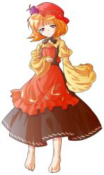 1girl aki_minoriko alphes_(style) apron barefoot blonde_hair commentary_request dairi food fruit full_body grapes hat long_sleeves looking_at_viewer neck_ribbon parody red_eyes ribbon ringed_eyes shirt short_hair skirt smile solo style_parody tachi-e touhou transparent_background wide_sleeves