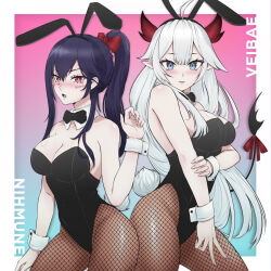 2girls absurdres ahoge akuma_nihmune animal_ear_hairband animal_ears artist_name banefury bow bowtie breasts character_name commentary cowboy_shot demon_girl demon_horns detached_collar english_commentary fishnets grey_eyes hair_between_eyes highres horns indie_virtual_youtuber leotard long_hair looking_at_viewer medium_breasts multiple_girls open_mouth pantyhose playboy_bunny pointy_ears ponytail purple_hair rabbit_ear_hairband rabbit_ears rabbit_tail red_eyes tail tongue vei_(vtuber) very_long_hair virtual_youtuber watermark white_hair wrist_cuffs