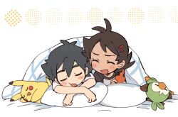 2boys :d antenna_hair ash_ketchum blush_stickers brown_hair closed_eyes commentary gen_1_pokemon gen_8_pokemon goh_(pokemon) grookey holding holding_phone lying male_focus multiple_boys nintendo on_stomach open_mouth phone pikachu pillow pokemon pokemon_(anime) pokemon_(creature) pokemon_journeys pokesumomo shirt short_hair short_sleeves smile t-shirt under_covers white_shirt