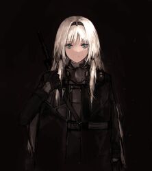 1girl an-94 an-94_(girls&#039;_frontline) assault_rifle blue_eyes girls&#039;_frontline gloves grey_hair gun highres komegu_619 rifle solo weapon weapon_on_back
