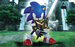 1boy 3d caliburn_(sonic) furry furry_male gauntlets grass hedgehog highres looking_at_viewer official_art official_wallpaper sonic_(series) sonic_and_the_black_knight sonic_the_hedgehog sword tree water waterfall weapon