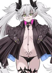 1girl black_jacket black_panties breasts fate/grand_order fate_(series) giren green_eyes horns jacket lilith_(fate) lilith_(second_ascension)_(fate) long_hair looking_at_viewer navel panties pointy_ears smile solo twintails underwear white_background white_hair