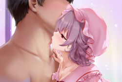 1boy 1girl absurdres adam&#039;s_apple breasts cleavage commission dress faceless faceless_male hat hetero hickey highres kiss licking licking_another&#039;s_neck lips medium_hair mob_cap nironiro petite pink_dress pink_hat pink_nails pixiv_commission purple_hair red_eyes remilia_scarlet touhou