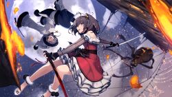 2girls ahoge aratama_(toji_no_miko) asakura_mihono bare_shoulders bell black_pantyhose boots brown_eyes brown_hair bug dress frilled_dress frills game_cg hair_bell hair_between_eyes hair_ornament hat high_heel_boots high_heels holding holding_sheath holding_sword holding_weapon hood hood_up hoodie katana long_sleeves looking_at_viewer medium_hair midair moon multiple_girls night non-web_source official_art open_mouth pantyhose red_dress sheath shichinosato_kofuki shorts silk spider spider_web sword toji_no_miko toji_no_miko:_kizamishi_issen_no_tomoshibi weapon white_footwear white_hat white_hoodie white_shorts
