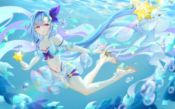 1girl absurdres alternate_costume bikini blue_hair breasts bubble chi_pao_fu_de_maotouying chinese_commentary commentary_request earrings fish griseo griseo_(cosmic_expression) high_heel_sandals highres honkai_(series) honkai_impact_3rd jewelry long_hair medium_breasts navel purple_eyes sandals solo stomach swimsuit toes underwater very_long_hair white_bikini