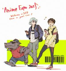 3boys absurdres armband backpack bag barcode black_bag black_pants black_shoes blue_eyes blue_hair blue_jacket cellphone claws closed_mouth denim english_text glasses hand_in_pocket hat highres holding holding_magazine holding_phone hood hood_down hoodie jacket jeans jewelry khun_aguero_agnis lizard_tail lizardman long_sleeves looking_at_another magazine_(object) multiple_boys necklace open_mouth original outstretched_arms pants phone rak_wraithraiser red_shirt red_shoes shirt shoes short_hair smartphone smile sunglasses tail tanino_miho tower_of_god twenty-fifth_bam twitter_username white_shirt yellow_hoodie