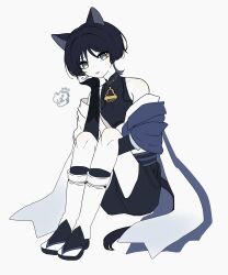 1boy 6seox_gb animal_ears aqua_eyes armor black_bodysuit black_bow black_bridal_gauntlets black_hair black_leggings black_sandals black_shorts blue_cape blue_sleeves blunt_ends bodysuit bow bridal_gauntlets cape cat_boy cat_ears cat_tail covered_collarbone eyeliner eyeshadow furisode genshin_impact hakama hakama_shorts hand_on_own_face highres hip_vent japanese_armor japanese_clothes kimono kote kurokote layered_sleeves leg_warmers leggings makeup male_focus mandarin_collar off_shoulder open_clothes open_kimono pale_skin pleated_shorts purple_rope purple_sash red_eyeliner red_eyeshadow rope sandals sash scaramouche_(genshin_impact) short_sleeves shorts sitting solo stirrup_legwear tail toeless_legwear tongue tongue_out wanderer_(genshin_impact) white_background white_kimono white_leg_warmers white_sleeves wispy_bangs zouri