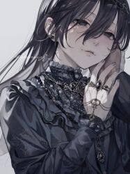 2boys aegyo_sal black_eyes black_hair black_shirt buttons center_frills collared_shirt earrings frilled_shirt_collar frilled_sleeves frills grey_background hair_between_eyes half-closed_eyes hand_on_another&#039;s_cheek hand_on_another&#039;s_face highres jewelry long_hair long_sleeves male_focus multiple_boys multiple_necklaces multiple_rings nail_polish necklace nnnyj original parted_lips ring shirt simple_background smile solo_focus stud_earrings upper_body watermark