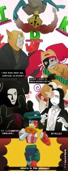 2boys 4girls black_eyes black_hair blunt_bangs blunt_ends bob_cut braid colored_skin commentary coral coral_glasses_(joel_g) dratula_(ena) dress ena:_dream_bbq ena_(dream_bbq)_(joel_g) ena_(series) ena_(species) english_commentary english_text froggy_(ena) glasses green_hat hat highres kneksooli korean_text mask mitu_(ena) monster_girl multicolored_skin multiple_boys multiple_girls noose open_mouth red_hair red_skin salesperson_ena shirt short_sleeves smile split-color_skin subtitled taski_maiden_(ena) twin_braids vampire white_shirt white_skin yellow_skin