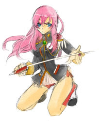 1990s_(style) blue_eyes epaulettes pink_hair retro_artstyle shoujo_kakumei_utena solo sword tenjou_utena tooka weapon