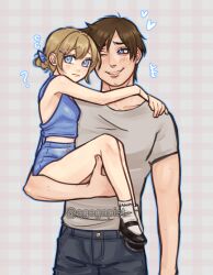 1boy 1girl artist_name backless_shirt bare_legs bare_shoulders black_shoes blonde_hair blue_bow blue_shirt blue_shorts bow brown_hair capcom carrying child closed_mouth cowboy_shot cropped_shirt denim embarrassed from_side full_body grey_background grey_shirt grin hair_bow hair_bun high-waist_shorts hug knees_up legs_together leon_s._kennedy lola_(agegapist) looking_at_another looking_at_viewer looking_to_the_side nervous red_background resident_evil resident_evil_2 sherry_birkin shirt shoes short_hair shorts simple_background single_bun sitting size_difference sleeveless sleeveless_shirt smile socks standing t-shirt teeth two-tone_background watermark wavy_mouth white_socks