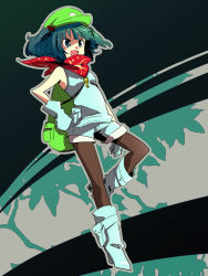 1girl alternate_costume backpack bad_id bad_pixiv_id bag bandana blue_eyes blue_hair boots female_focus gloves hair_bobbles hair_ornament hat ica kawashiro_nitori key matching_hair/eyes pantyhose pantyhose_under_shorts randoseru short_shorts shorts sleeveless solo striped_clothes striped_pantyhose touhou twintails two_side_up vertical-striped_clothes vertical-striped_pantyhose