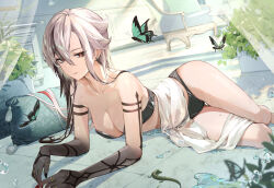 1girl absurdres arlecchino_(genshin_impact) black_bra black_eyes black_hair black_hands black_nails black_panties bra breasts bug butterfly cleavage colored_extremities commentary earrings genshin_impact grey_hair hair_between_eyes highres insect jewelry lizard long_hair looking_at_viewer lying medium_breasts multicolored_hair on_floor panties parted_lips pi_tayuko red_hair red_nails red_pupils solo streaked_hair symbol-shaped_pupils underwear water wet white_hair x-shaped_pupils