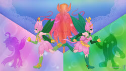 Rule 34 | boxing gloves, cactus, cape, covered eyes, digimon, digimon (creature), digimon adventure, evolutionary line, fairy, flower, highres, lilimon, lilimon x-antibody, mask, monster girl, palmon, petals, plant, plant girl, rosemon, sharp teeth, spines, teeth, togemon