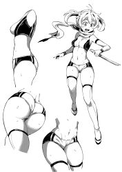 Rule 34 | 1girl, antenna hair, arniro111, ass, breasts, dagger, detached sleeves, from behind, greyscale, highres, holding, holding dagger, holding knife, holding weapon, isshiki akane, knife, ninja, looking at viewer, midriff, monochrome, multiple views, navel, open mouth, red eyes, red hair, scarf, school uniform, short hair, short shorts, short twintails, shorts, simple background, skindentation, smile, standing, sweat, tagme, thighhighs, twintails, vividred operation, weapon, white background