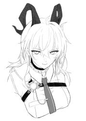 1girl absurdres breasts chest_harness choker collared_shirt commentary_request cropped_torso curled_horns earrings greyscale hair_between_eyes harness highres horns jewelry key_earrings large_breasts lhuwrya4ei45234 long_hair looking_at_viewer mole mole_under_eye monochrome necktie parted_lips shirt simple_background solo white_background wuthering_waves zani_(wuthering_waves)