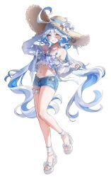 1girl absurdres alternate_costume bare_shoulders bikini blue_eyes blue_hair dasha denim drop-shaped_pupils floating_hair full_body furina_(genshin_impact) genshin_impact hair_between_eyes has_bad_revision hat heart heart-shaped_eyewear highres long_hair long_sleeves multicolored_hair navel off_shoulder one_eye_closed simple_background smile solo stomach straw_hat sunglasses sweat swimsuit symbol-shaped_pupils white_background white_bikini white_hair
