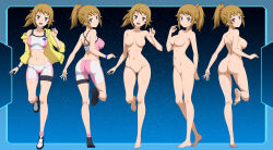 Rule 34 | 1girl, ass, bike shorts, blue eyes, breasts, brown hair, commentary request, completely nude, feet, gundam, gundam build fighters, gundam build fighters try, high ponytail, highres, hoshino fumina, jacket, kneepits, large breasts, looking at viewer, midriff, multiple views, nanikairu, navel, no nipples, no pussy, nude, paid reward available, ponytail, short hair, short sleeves, soles, sports bra, standing, standing on one leg, thighs, toes, two-tone sports bra, yellow jacket
