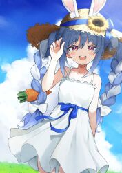 1girl :d absurdres agata_(yfw1110) animal_ear_fluff animal_ears bare_arms bare_shoulders blue_hair blue_ribbon blue_sky blush_stickers braid brown_hat carrot_hair_ornament cloud collarbone commentary cowboy_shot day dress ears_through_headwear flower food-themed_hair_ornament hair_ornament hand_up hat hat_flower hat_ribbon highres hololive looking_at_viewer multicolored_hair open_mouth outdoors pink_eyes rabbit_ears rabbit_girl ribbon sky sleeveless sleeveless_dress smile solo sun_hat sunflower symbol-only_commentary teeth twin_braids two-tone_hair upper_teeth_only usada_pekora virtual_youtuber waist_ribbon white_dress white_hair