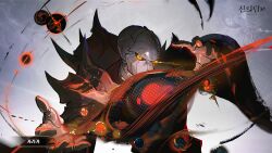 1boy armor black_robe black_sclera colored_extremities colored_sclera energy eye_trail game_cg glowing glowing_eye glowing_eyes highres incoming_attack karaka light_trail looking_at_viewer magic naye official_art orb robe shadow shoulder_armor solo tower_of_god tower_of_god:_great_journey yellow_eyes