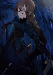 Rule 34 | 1girl, black-framed eyewear, black dress, black gloves, braid, braided ponytail, breasts, brown eyes, brown hair, center opening, dress, dual wielding, ear piercing, earrings, fate/grand order, fate (series), glasses, gloves, grass, highres, holding, holding sword, holding weapon, jewelry, jian (weapon), long hair, looking at viewer, medium breasts, multiple earrings, piercing, ribbed dress, ribbon-trimmed dress, ribbon trim, single braid, solo, striped, sword, tassel, very long hair, weapon, yorurokujuu, yu mei-ren (fate), yu mei-ren (first ascension) (fate)