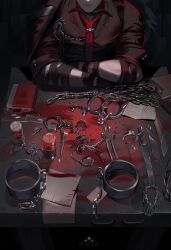 1boy absurdres arm_strap black_shirt blade blood blood_stain book bookmark chain closed_mouth collared_shirt crossed_arms genshin_impact head_out_of_frame highres jacket jacket_on_shoulders male_focus nail_(hardware) necktie notes paper pogogu red_necktie scar scar_on_arm shirt solo table tools wriothesley_(genshin_impact) wrist_cuffs