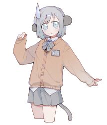 1girl blue_eyes blue_hair blue_ribbon blue_skirt bob_cut brown_cardigan cardigan cat_tail drawn_whiskers genderswap genderswap_(mtf) highres kedoukezi143447 long_sleeves name_tag neck_ribbon nyon_(randal&#039;s_friends) open_mouth pleated_skirt randal&#039;s_friends ribbon school_uniform shirt short_hair skirt solo sweatdrop tail white_background white_shirt