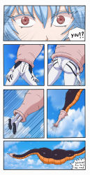 1boy 1girl absurdres ass ayanami_rei blue_hair blue_sky bodysuit cell_(dragon_ball) comic crossover day dragonball_z highres laughing legs lower_body mecha_pilot_suit neon_genesis_evangelion plugsuit_(evangelion) rebuild_of_evangelion red_eyes sky speech_bubble struggling stuck surprised tail thighs vore
