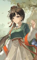 1girl absurdres black_eyes black_hair chinese_hairpin dipper green_shirt green_sky hair_bun hand_up highres house jewelry jiu_niangzi kyo_(maae00) layered_sleeves long_hair long_sleeves looking_at_viewer necklace red_shawl reverse:1999 shawl shirt short_over_long_sleeves short_sleeves single_side_bun skirt sky smile solo tree upper_body yellow_skirt