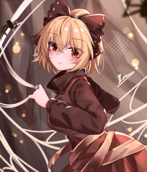 1girl absurdres black_bow blonde_hair blurry blush bokeh bow breasts brown_dress bug depth_of_field dot_nose dress hair_bow hands_up highres kurodani_yamame large_breasts looking_at_viewer pinafore_dress ponytail red_eyes ribbon short_hair signature silk sleeveless sleeveless_dress spider spider_web top-exerou touhou yellow_ribbon