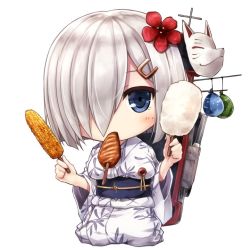 10s 1girl alternate_costume blue_eyes breasts commentary_request corn corn_cob cotton_candy female_focus floral_print flower food fox_mask grilled_corn hair_flower hair_ornament hair_over_one_eye hairclip hamakaze_(kancolle) hamakaze_(yukata)_(kancolle) holding holding_cotton_candy holding_food ikayaki japanese_clothes kantai_collection kimono looking_at_viewer mask mouth_hold obi sash seiza short_hair silver_hair simple_background sitting solo squid suien white_background yukata