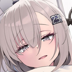 1girl close-up grey_eyes grey_hair hair_between_eyes hair_ornament headgear kantai_collection kochipu long_hair looking_at_viewer open_mouth portrait scarf simple_background smile solo wahoo_(kancolle) white_background white_scarf